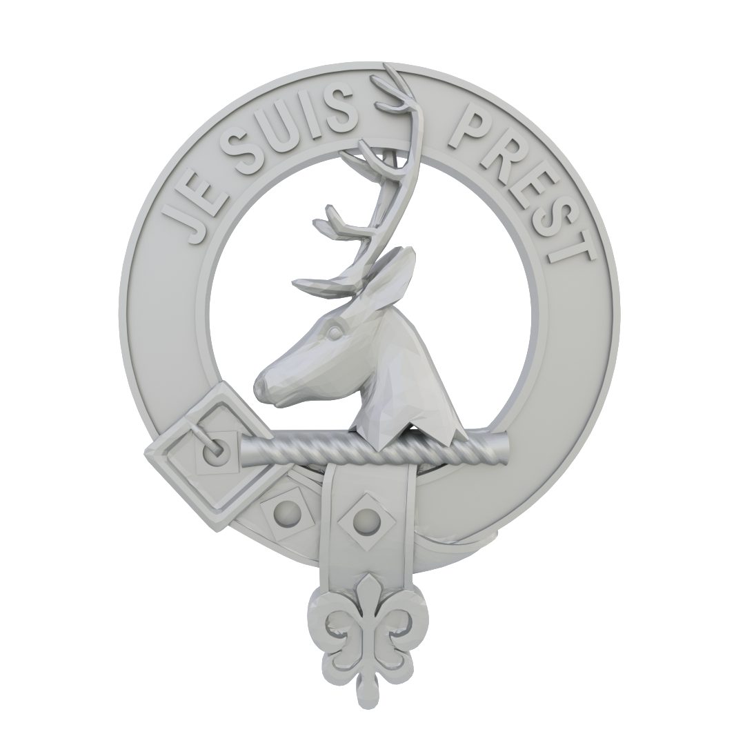 Clan Fraser of Lovat crest 3D model — Je Suis Prest motto — STL file for 3D printing or CNC carving