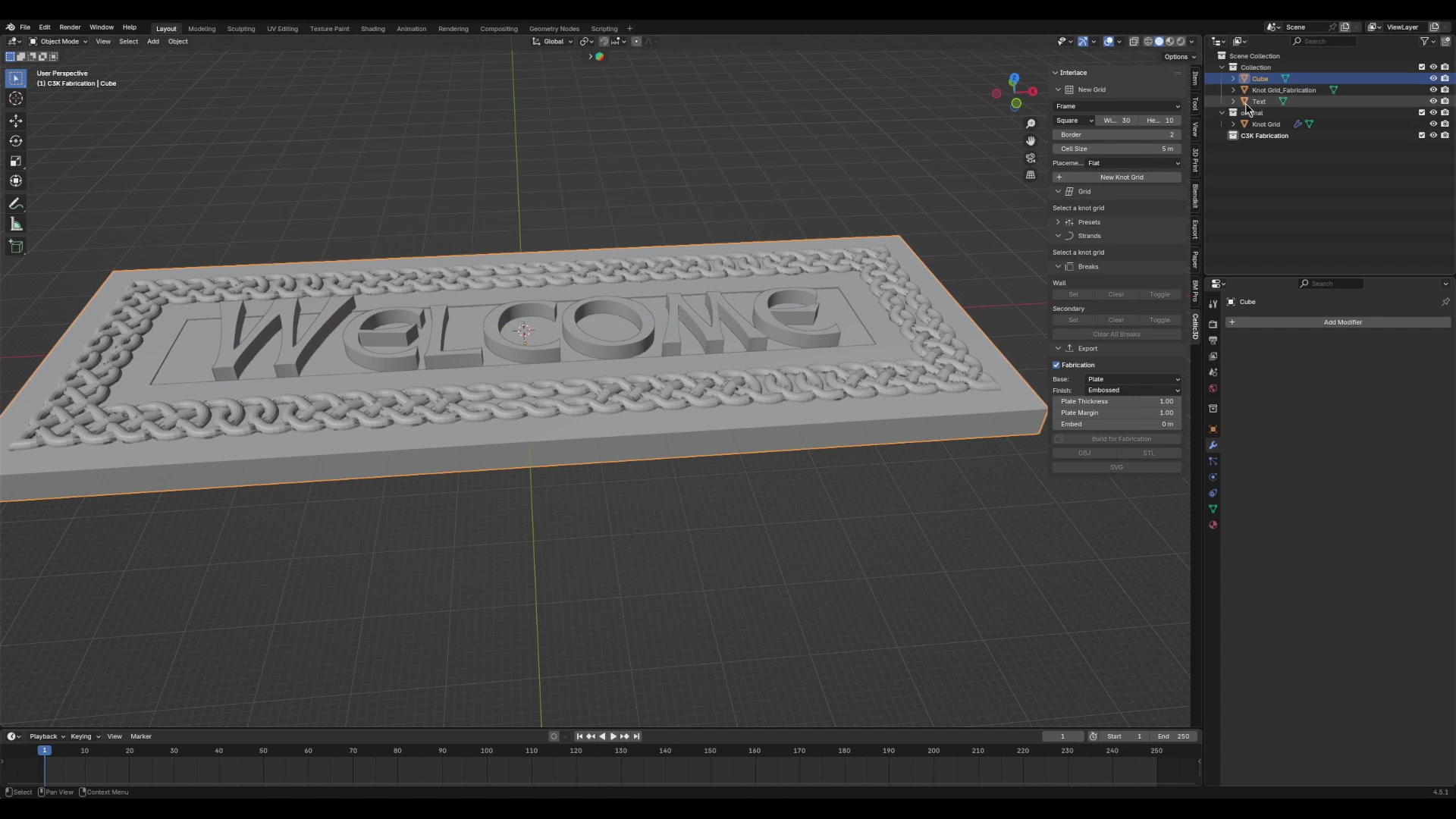 Welcome plaque with raised lettering and Celtic knotwork during the fabrication workflow in Blender.