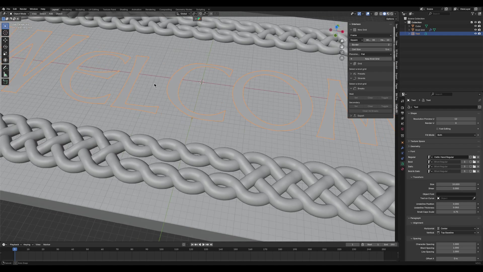 Welcome lettering positioned inside a Celtic knotwork border in Blender, with the sidebar and Properties editor visible.